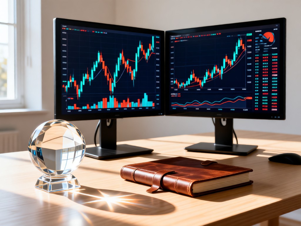 A minimalist desk with dual monitors displaying elegant financial charts. A crystal paperweight reflects morning light beside a leather-bound ledger. Clean technology meets tradition. No people.