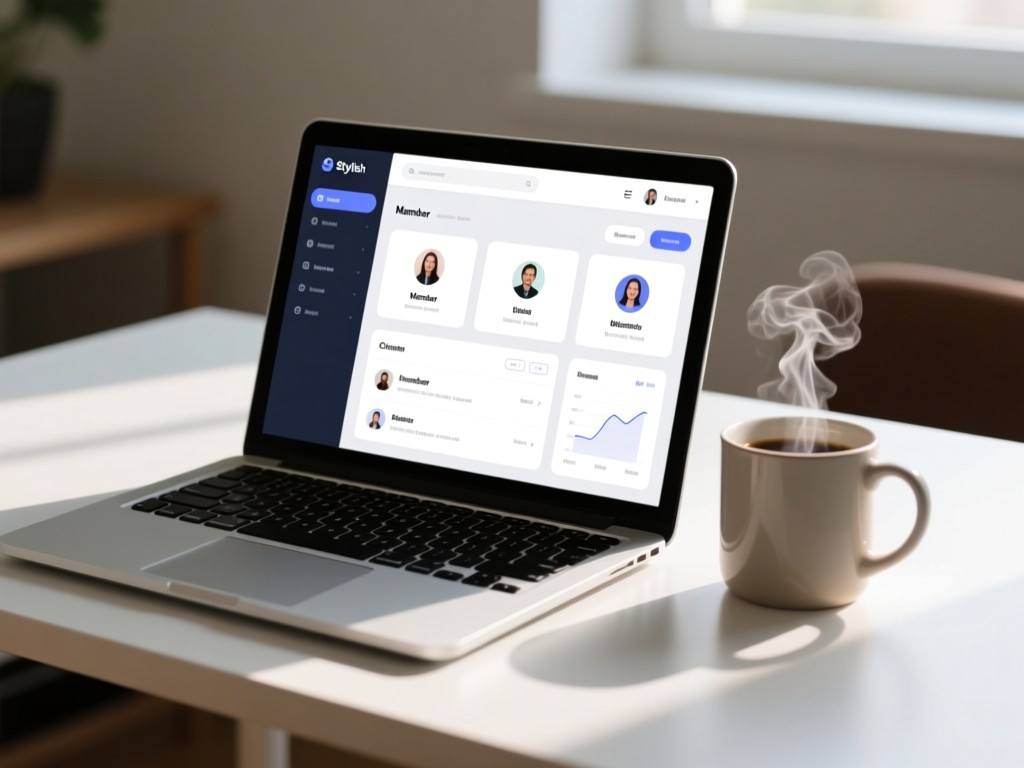 Stylish laptop displaying a clean member dashboard interface beside a steaming mug. Natural light highlights the screen's clarity on a minimalist desk. No people.