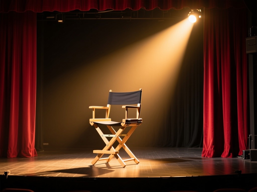 Single spotlight illuminating an empty director's chair on a theater stage during golden hour, deep red curtains framing the scene, symbolic of focus and professionalism.
