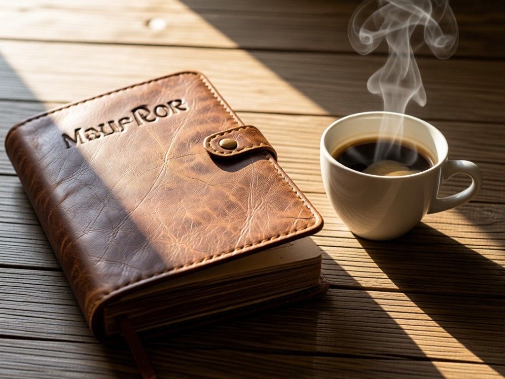 Close-up of a weathered leather menu book open beside a steaming espresso cup. Morning light catches rising steam against rustic wood textures.