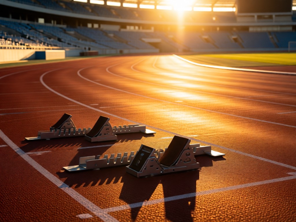 An empty stadium track at golden hour with starting blocks in focus. Sunlight creates long shadows and highlights the lanes. Represents focus and readiness for opportunity. No people.