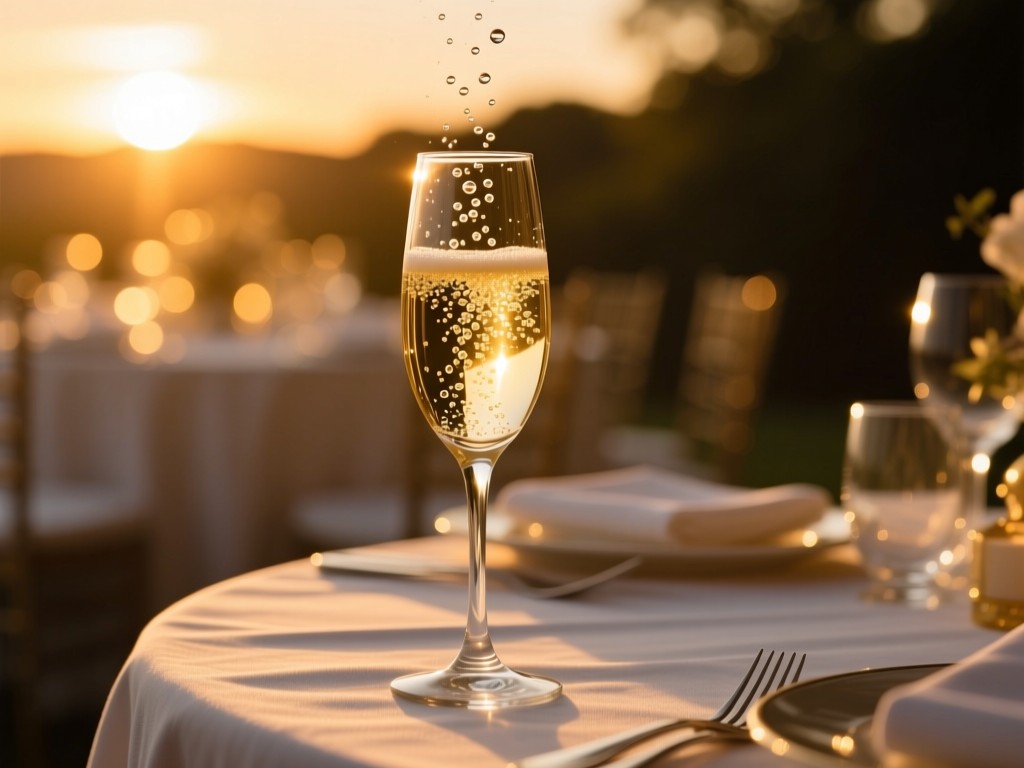 Single champagne flute catching sunset light on reception table, bubbles rising, elegant linen backdrop, symbolizing celebration and premium service, shallow depth, golden tones.