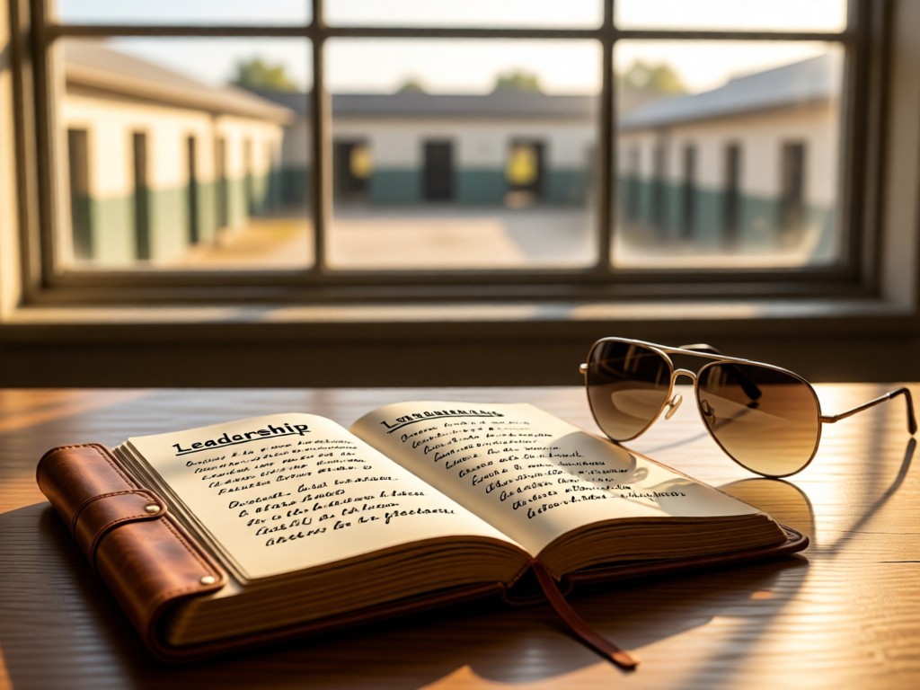 A leather-bound notebook open to handwritten leadership principles beside a pair of aviator sunglasses. Soft focus on barracks windows in background. Warm daylight. No people.