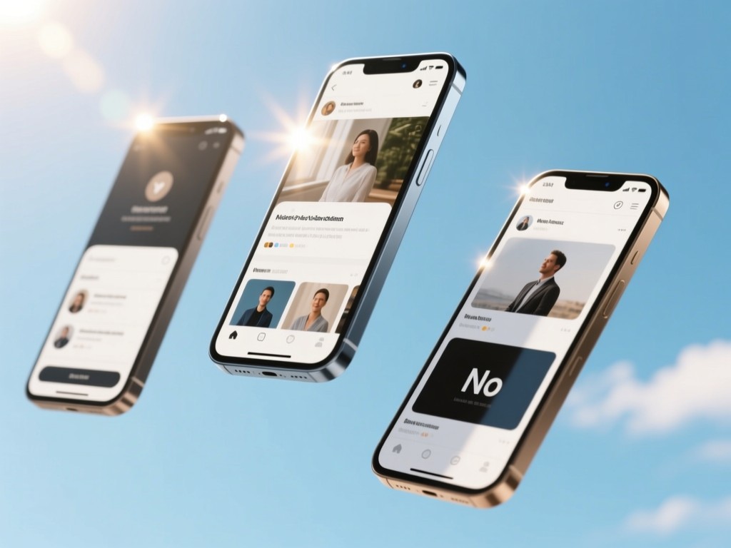 Three angled smartphones floating against a soft blue sky, each displaying different portfolio screens. Sunlight glints on the screens. No people.