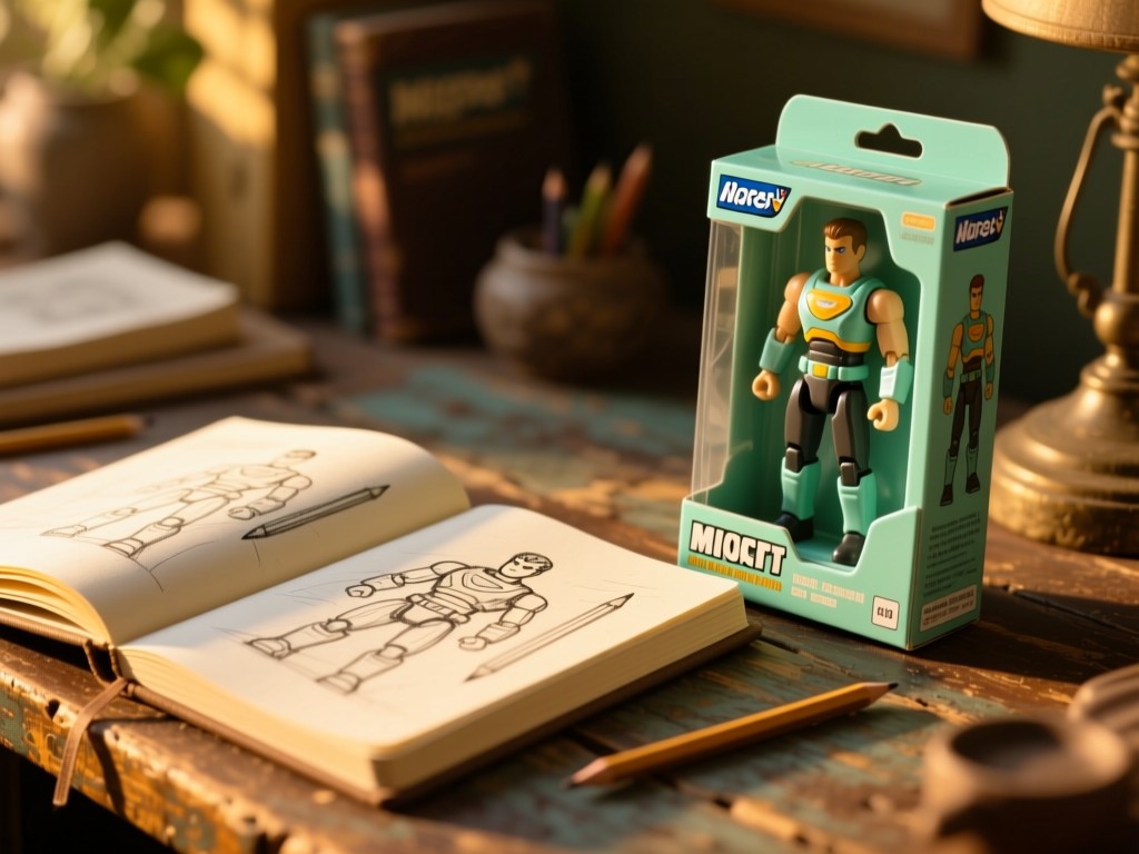 An open sketchbook beside a rare mint-in-box action figure on a rustic desk, golden hour light illuminating pencil drawings, shallow focus, warm tones.