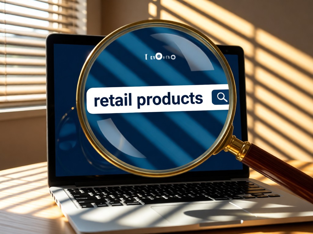 Magnifying glass focusing on a search bar showing 'retail products' on a laptop screen. Sunlight streams through nearby blinds creating striped shadows.