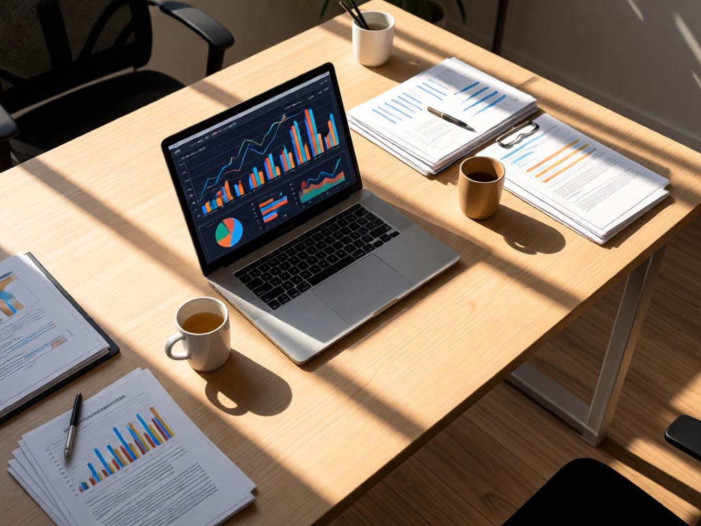 Aerial shot of a clean desk with a laptop displaying analytics, surrounded by strategic documents. Morning sun creates long shadows across the organized workspace. No people.