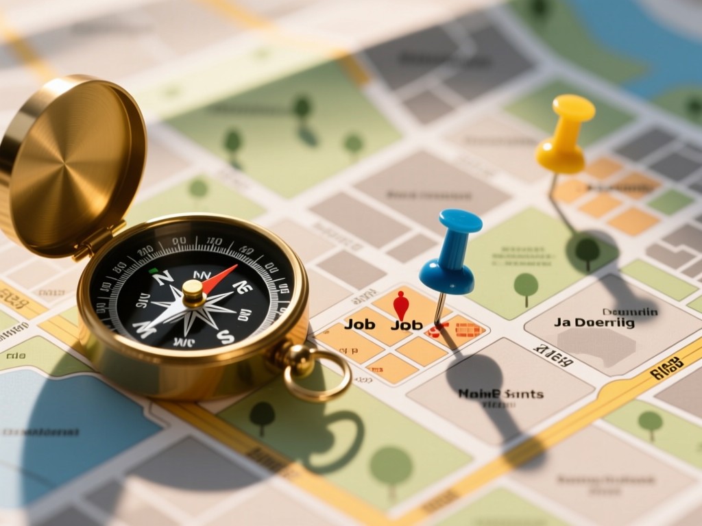 A compass resting on a detailed neighborhood map with pushpins marking job sites. Soft afternoon light creates warm shadows. Clean background. No people.
