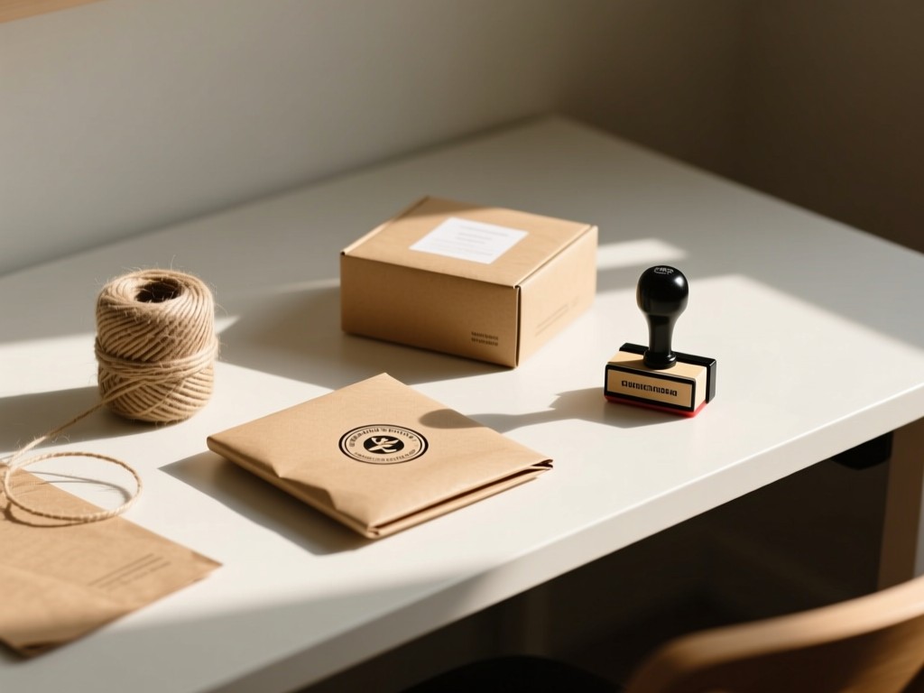 Minimalist desk with packaging materials: twine, kraft paper, and custom stamp. Soft afternoon light creates long shadows. Focus on tactile elements. No people.