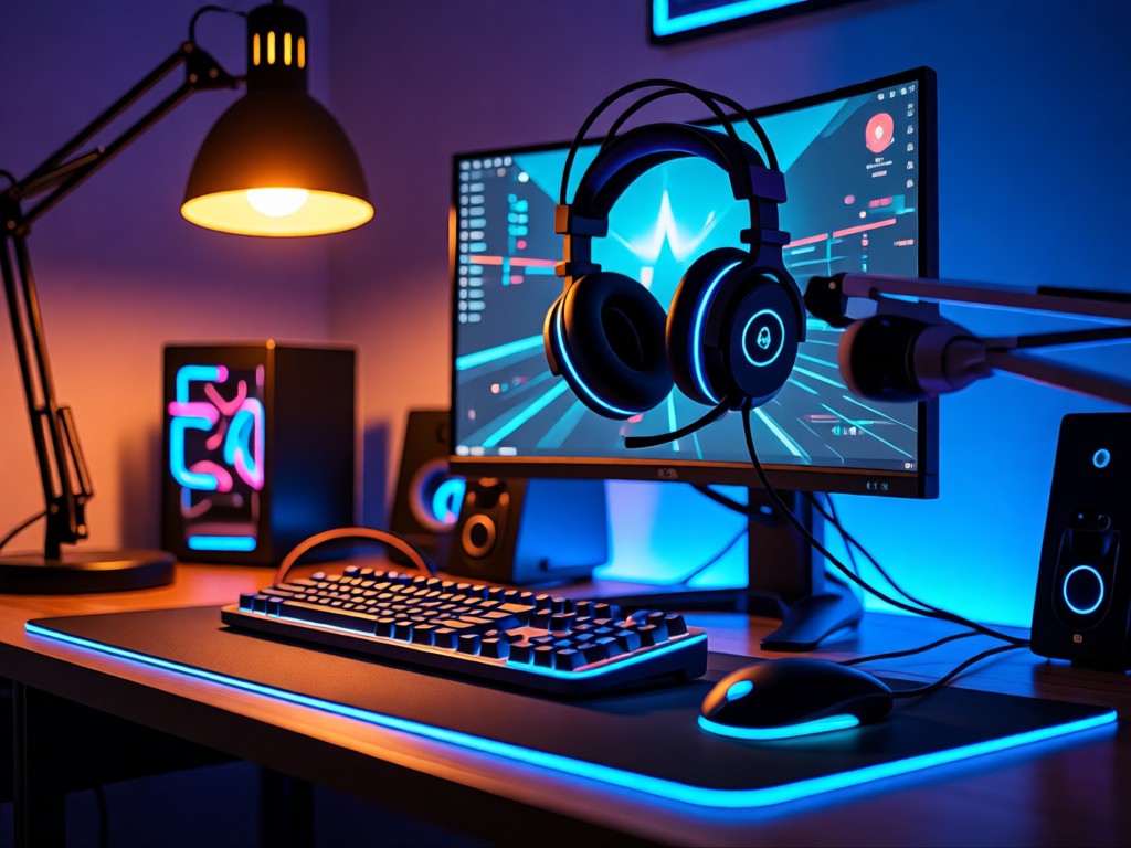 Neon-lit gaming setup with headset and mic. Warm desk lamp glow contrasting with blue LED accents. Professional streaming vibe. No people.