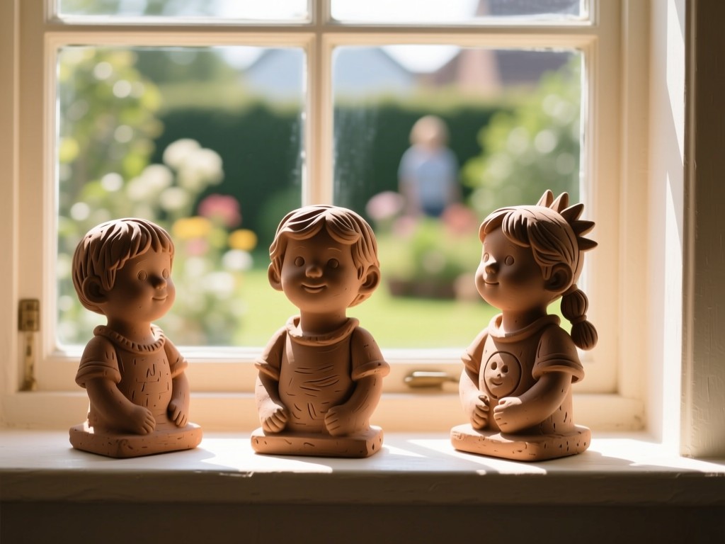 A sunlit windowsill displaying three clay sculptures by a child. Morning light highlights textures against a blurred garden background. No people.