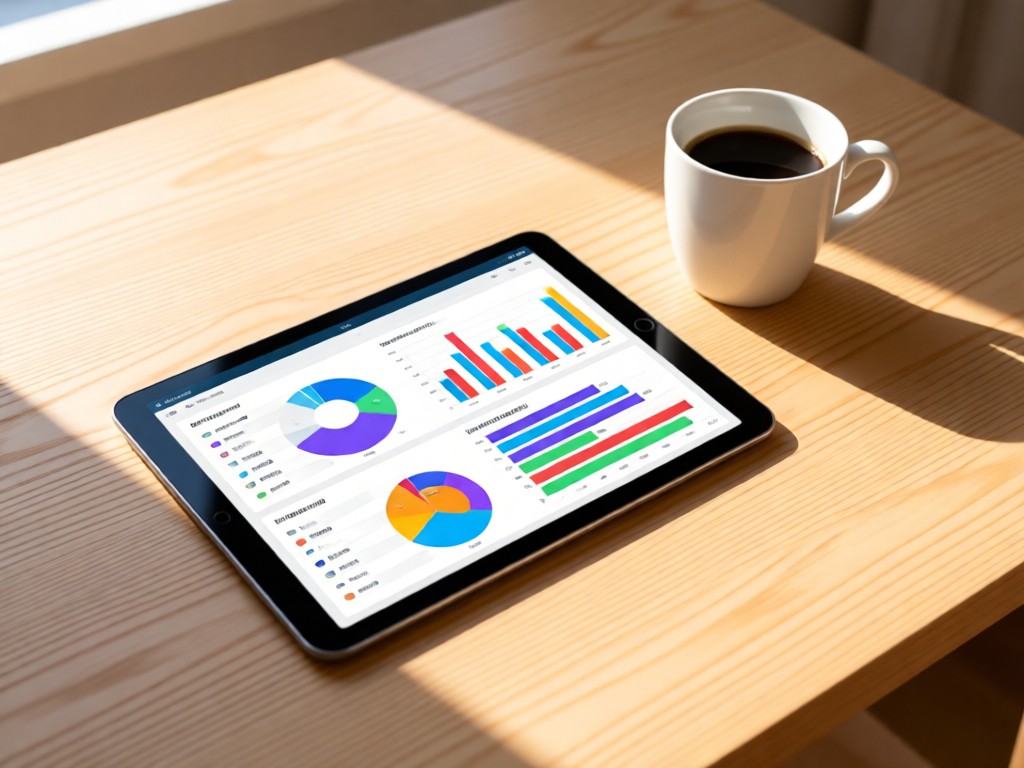 Minimalist desk setup showing a tablet displaying colorful inventory analytics. Morning sun illuminates a coffee cup beside it. Clean wooden surface with subtle grain texture. No people.