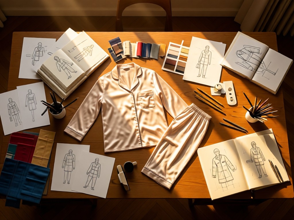 Overhead shot of a designer's workspace with fabric samples, sketches, and a single elegant pajama set bathed in golden hour light. Represents organized creativity. No people.