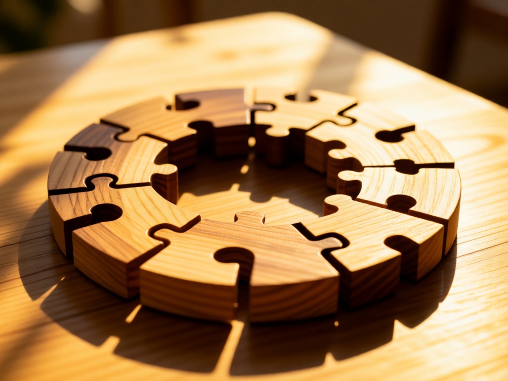 Interlocking wooden puzzle pieces forming a circle on a sunlit table. Warm golden tones with shallow depth of field. Symbolizes seamless connections. No people.