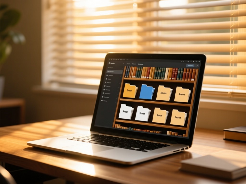 Open laptop on a wooden desk at golden hour, screen showing a neatly organized digital library with season folders, soft sunlight filtering through window blinds, shallow depth of field, warm tones.